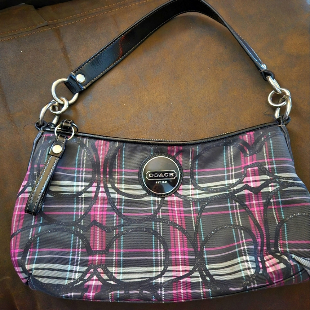 COACH Pink Purple Tartan Plaid Glitter Poppy Signature Small Hand Bag Purse GUC